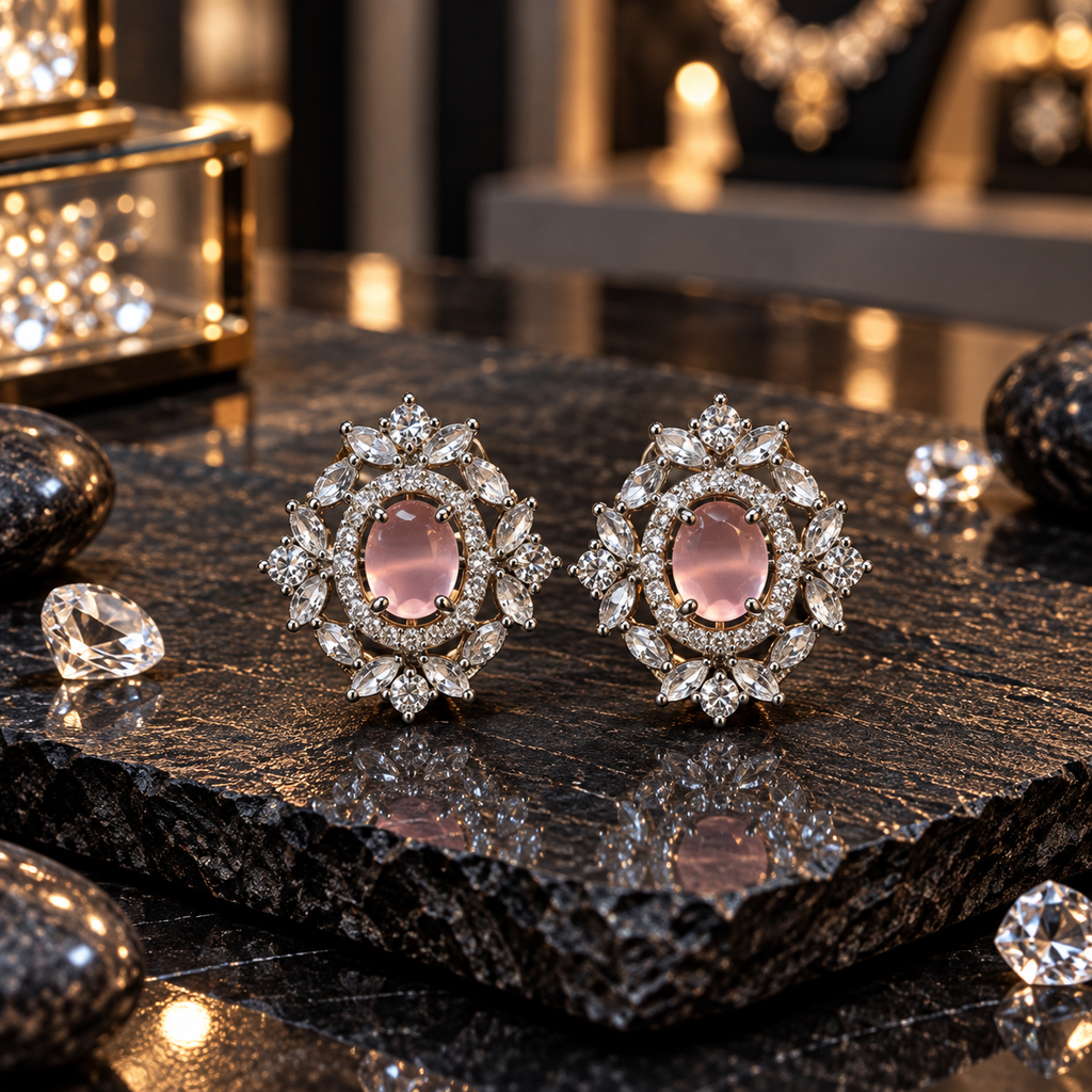 Silver-tone AD stud earrings with oval pink centres, small clear-accent halos and floral-inspired leaf borders.