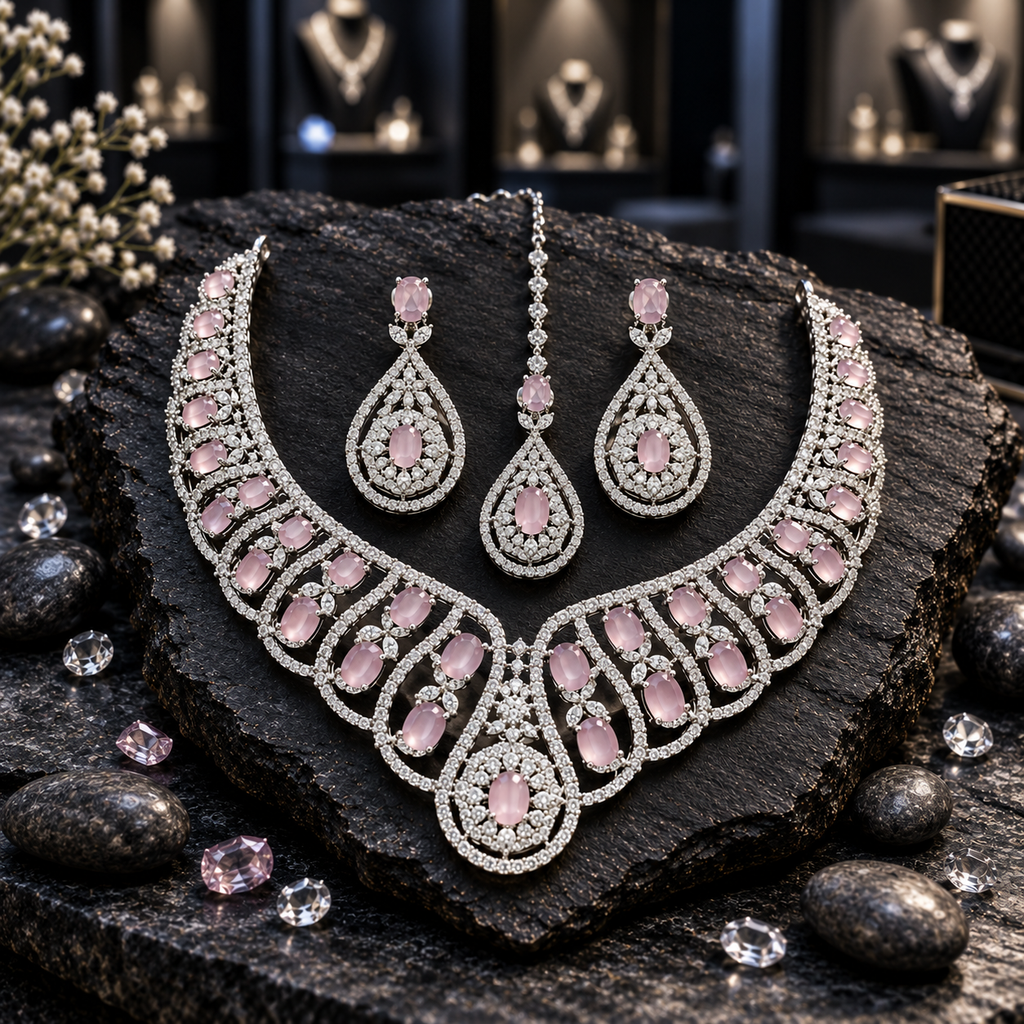 Silver-tone scalloped necklace with pink oval centres and a teardrop centrepiece, with matching earrings and chain bindia.