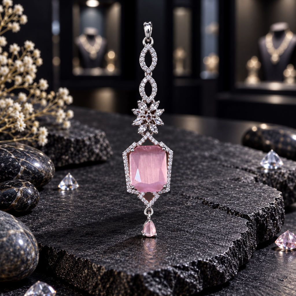 Silver-tone AD bindia with a pink rectangular centre, clear-accent angular frame, marquise floral cluster, two open oval links and a pink teardrop drop.