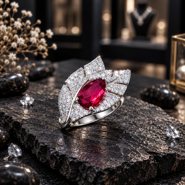Silver-tone leaf-shaped ring with a faceted pink-red teardrop centre, clear accent-covered segmented sections, curved vein-style lines and a smooth band on dark slate.
