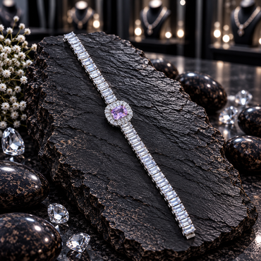Silver-tone bracelet with rectangular clear-accent links, a faceted lavender square centre and clear halo border, displayed lengthwise on dark slate.