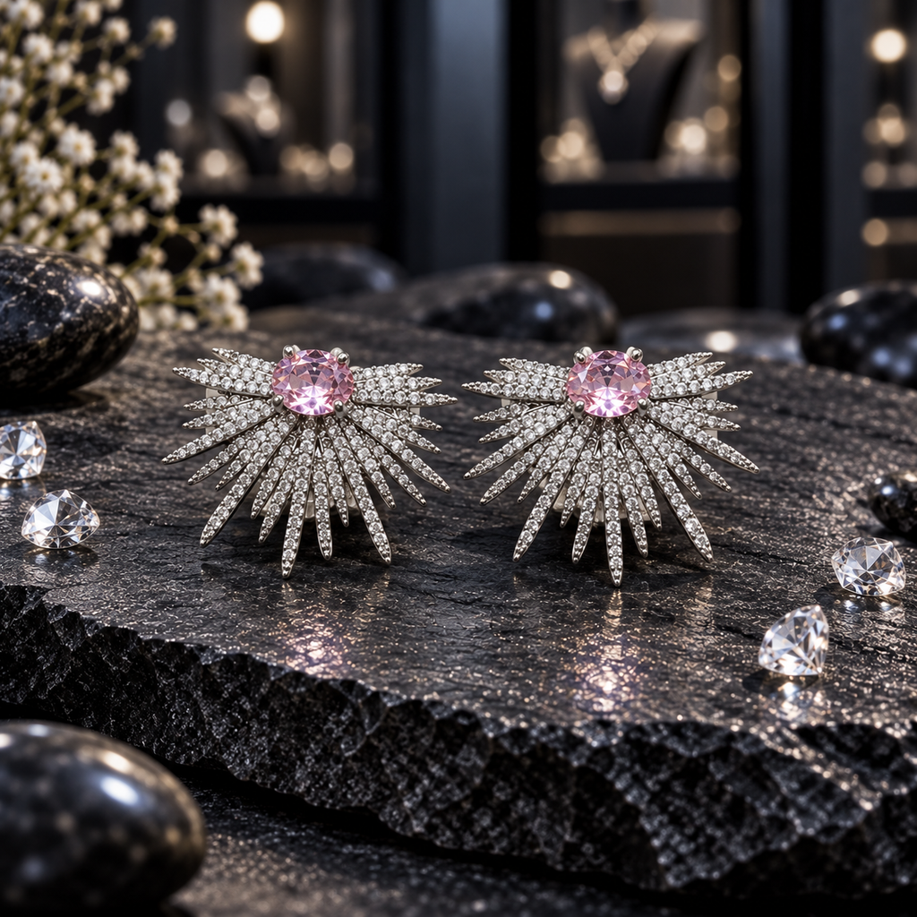 Pair of gold-tone starburst earrings with faceted pink centres and tapered rays covered in clear sparkling accents.