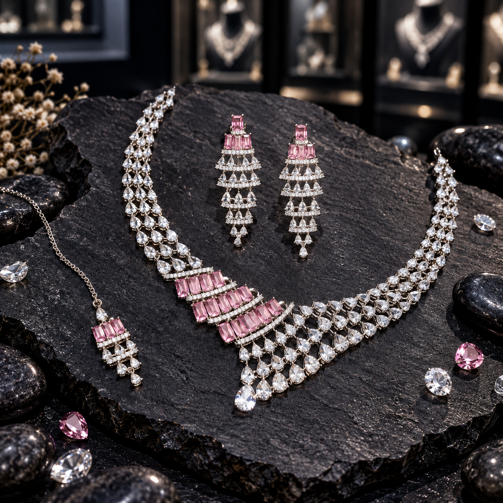 Silver-tone necklace, long tiered earrings and chain bindia with pink rectangular accents and cascading clear teardrop details.