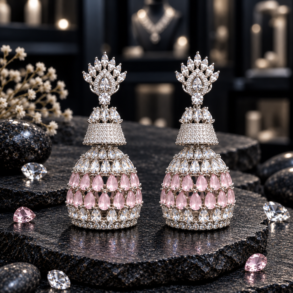 Pair of silver-tone tiered AD jhumka earrings with clear crown-like tops, sparkling upper bells and pink teardrop rows on the lower domes.