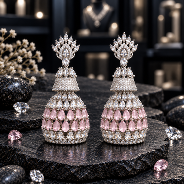 Pair of silver-tone tiered AD jhumka earrings with clear crown-like tops, sparkling upper bells and pink teardrop rows on the lower domes.