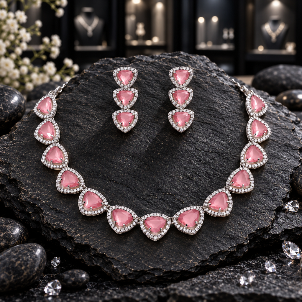 Silver-tone AD-style necklace with linked pink rounded triangular centres and clear-looking halo borders, alongside matching three-tier earrings.