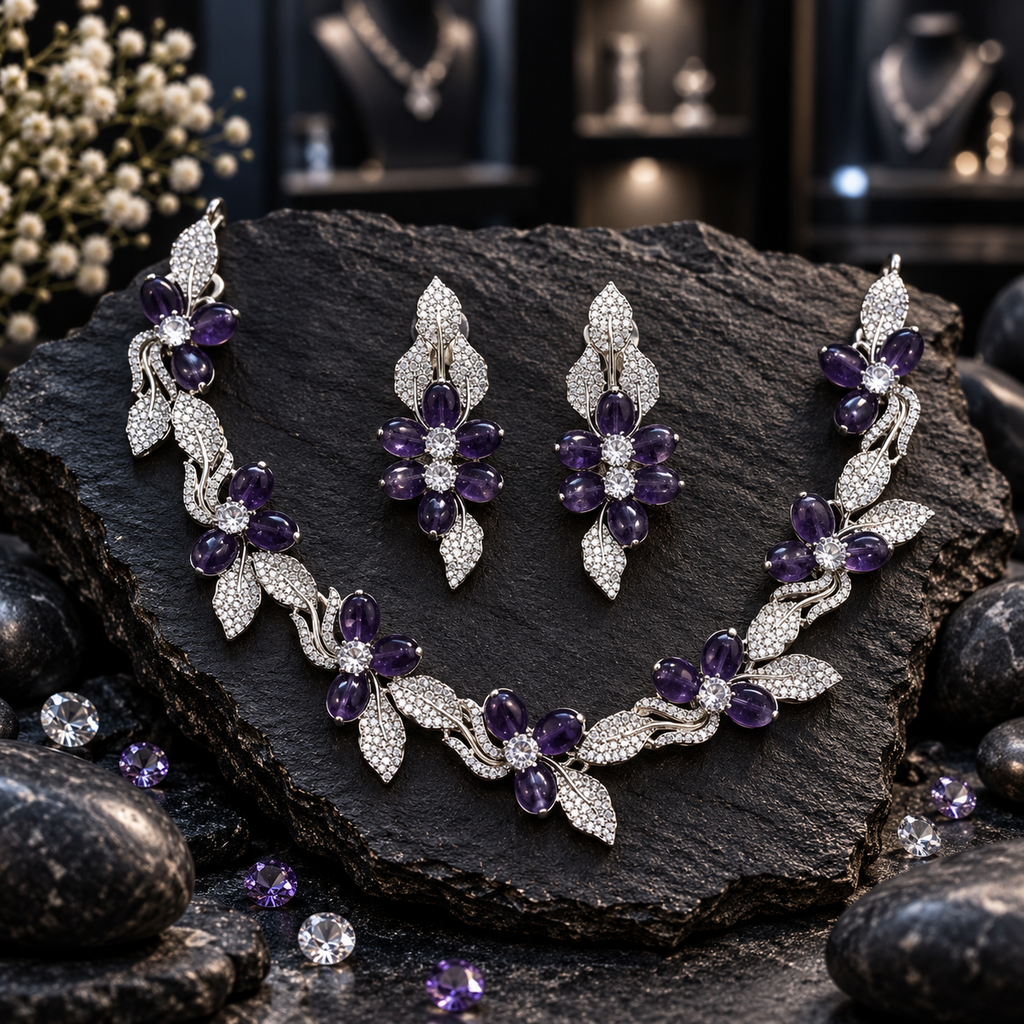 Silver-tone floral vine necklace with purple oval petals, clear-looking flower centres and decorative leaves, with matching elongated earrings.