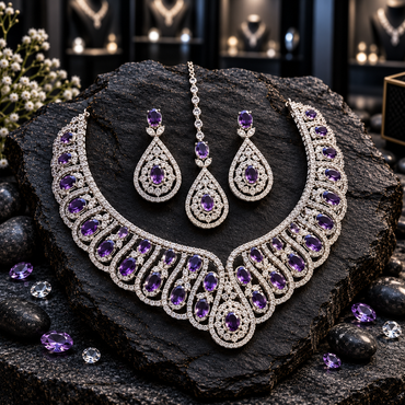 Silver-tone scalloped necklace with purple oval centres and a teardrop centrepiece, with matching earrings and chain bindia.