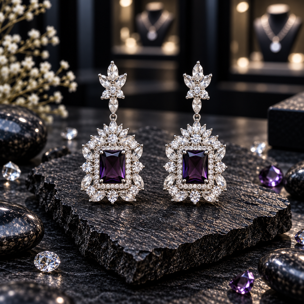 Pair of silver-tone drop earrings with deep purple rectangular centres, clear sparkling borders, leaf-like accents and floral tops.