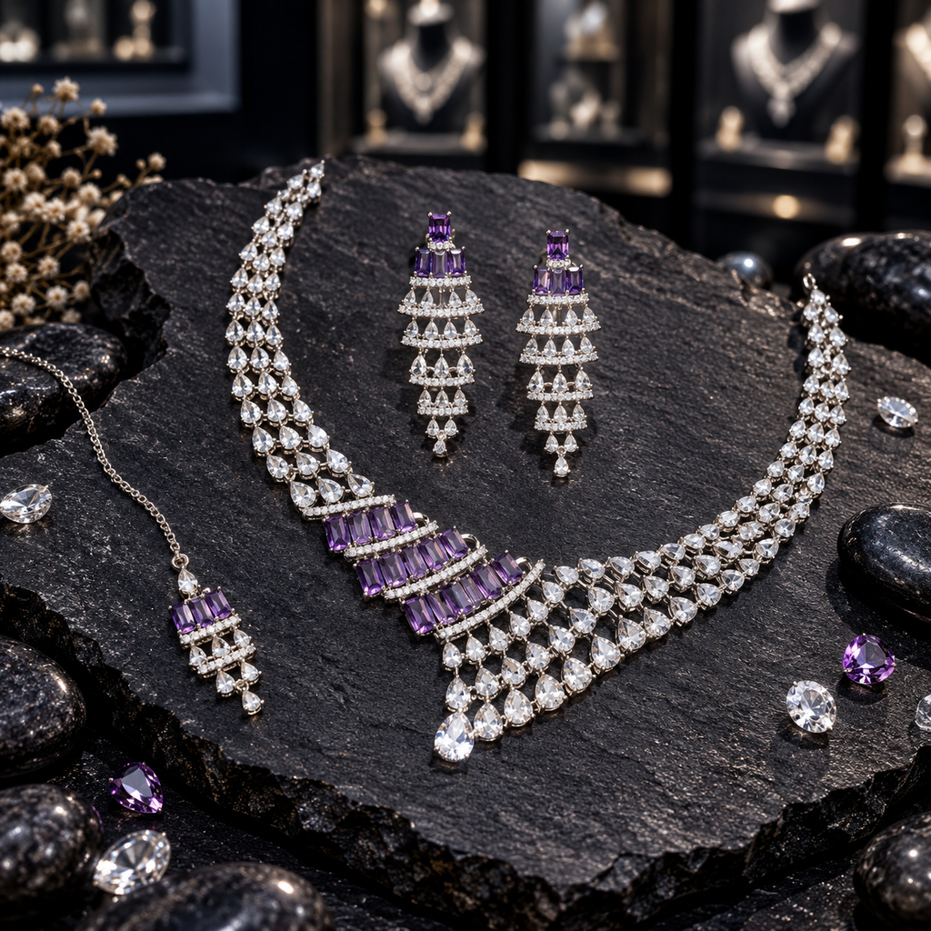 Silver-tone necklace, long tiered earrings and chain bindia with purple rectangular accents and cascading clear teardrop details.
