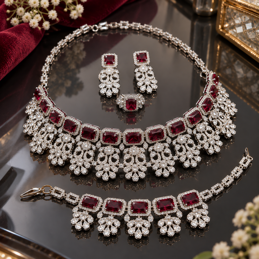 Silver-tone red AD set with a necklace, earring pair, bracelet and ring, featuring bordered rectangular red accents and clear floral-style drops.