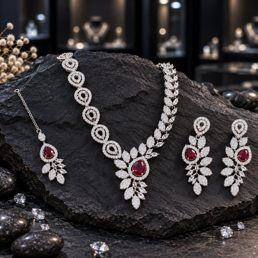 Silver-tone asymmetric necklace with open teardrop links, clear-looking leaf details and a deep red teardrop centre, with matching earrings and bindia.