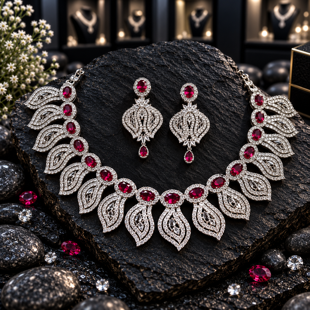 Silver-tone AD necklace with deep red oval halo centres and pointed openwork leaf fringe, with matching teardrop-finish earrings.
