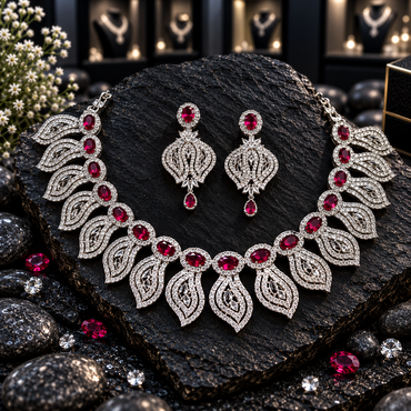 Silver-tone AD necklace with deep red oval halo centres and pointed openwork leaf fringe, with matching teardrop-finish earrings.