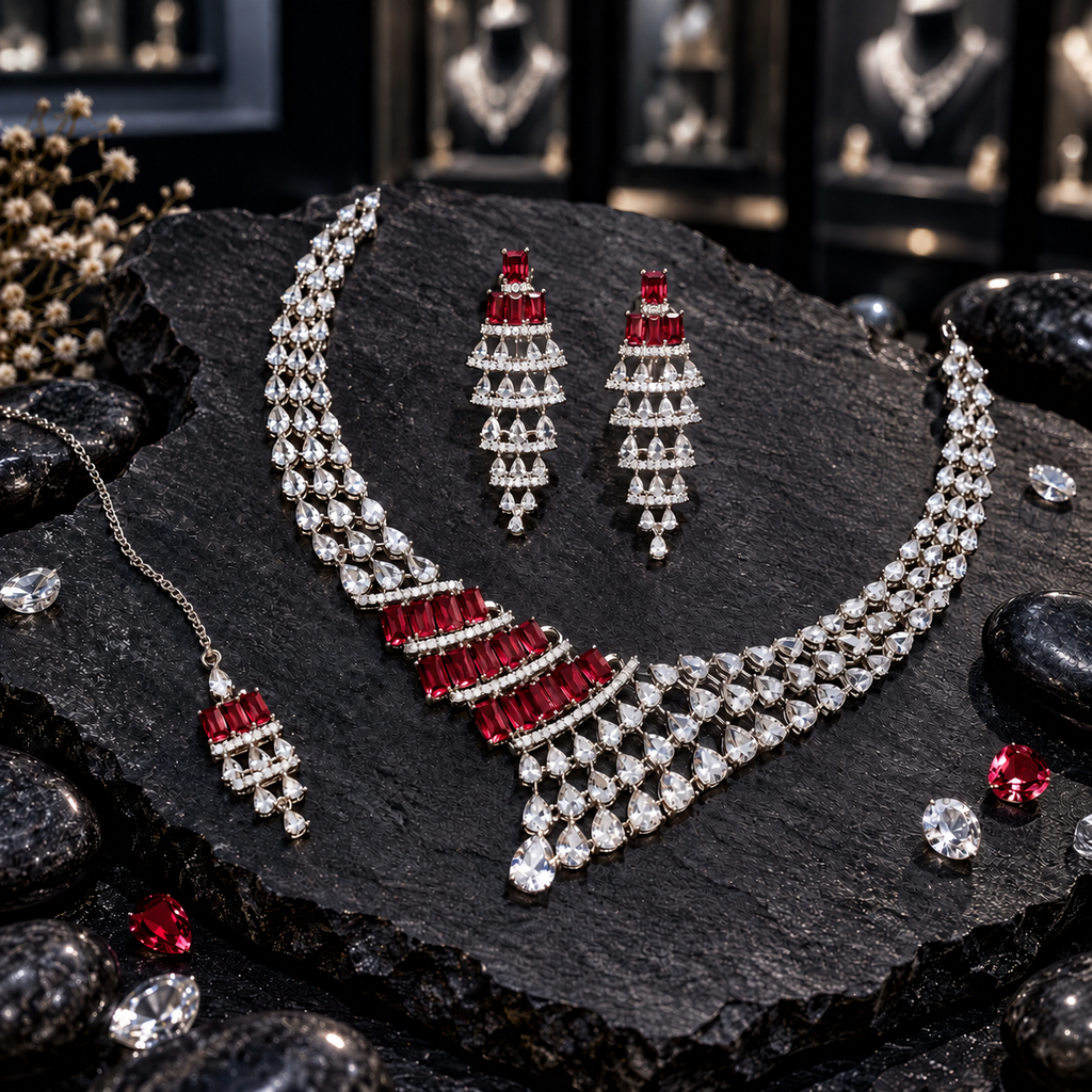 Silver-tone necklace, long tiered earrings and chain bindia with red rectangular accents and cascading clear teardrop details.