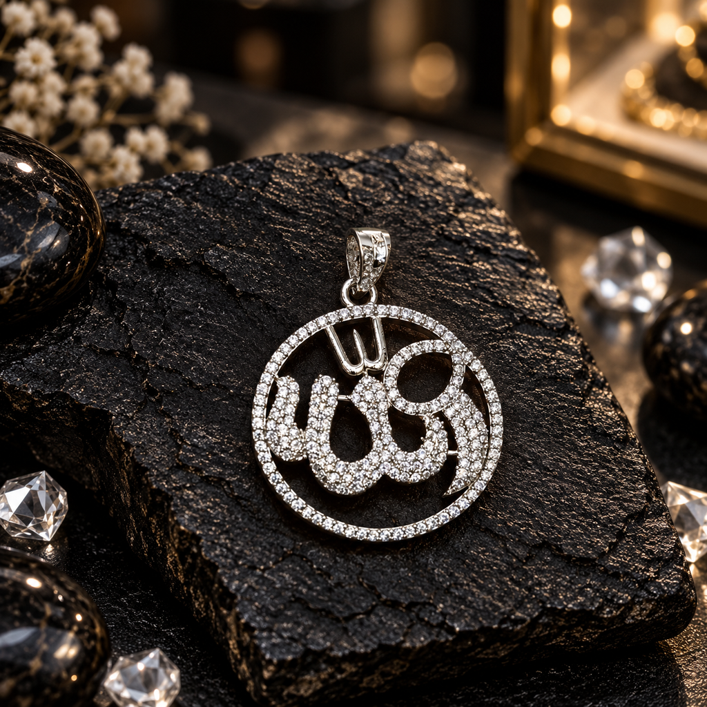 Silver-tone round Allah calligraphy locket with closely arranged clear accents on the lettering, an openwork centre, circular clear halo border and decorated top bail.