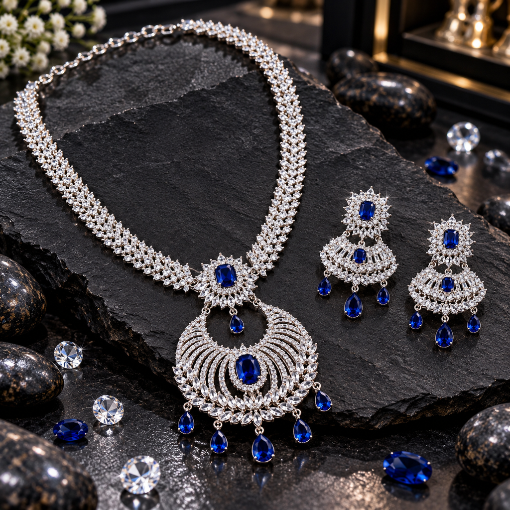 Silver-tone royal-blue AD mala set with a clear leaf-pattern neckline, open crescent pendant, rectangular blue centres, teardrop drops and matching earrings.