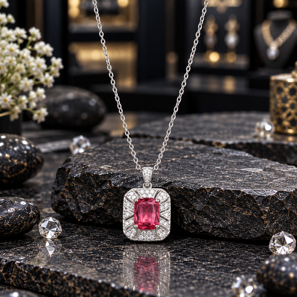 Silver-tone linked-chain necklace with a pink-red ruby-coloured rectangular centre, rounded segmented clear-accent halo and accented bail.