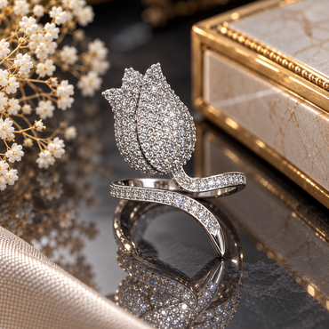 Silver-tone tulip ring with layered pointed petals, closely arranged clear accents and a curved band ending in a tapered leaf-like detail.