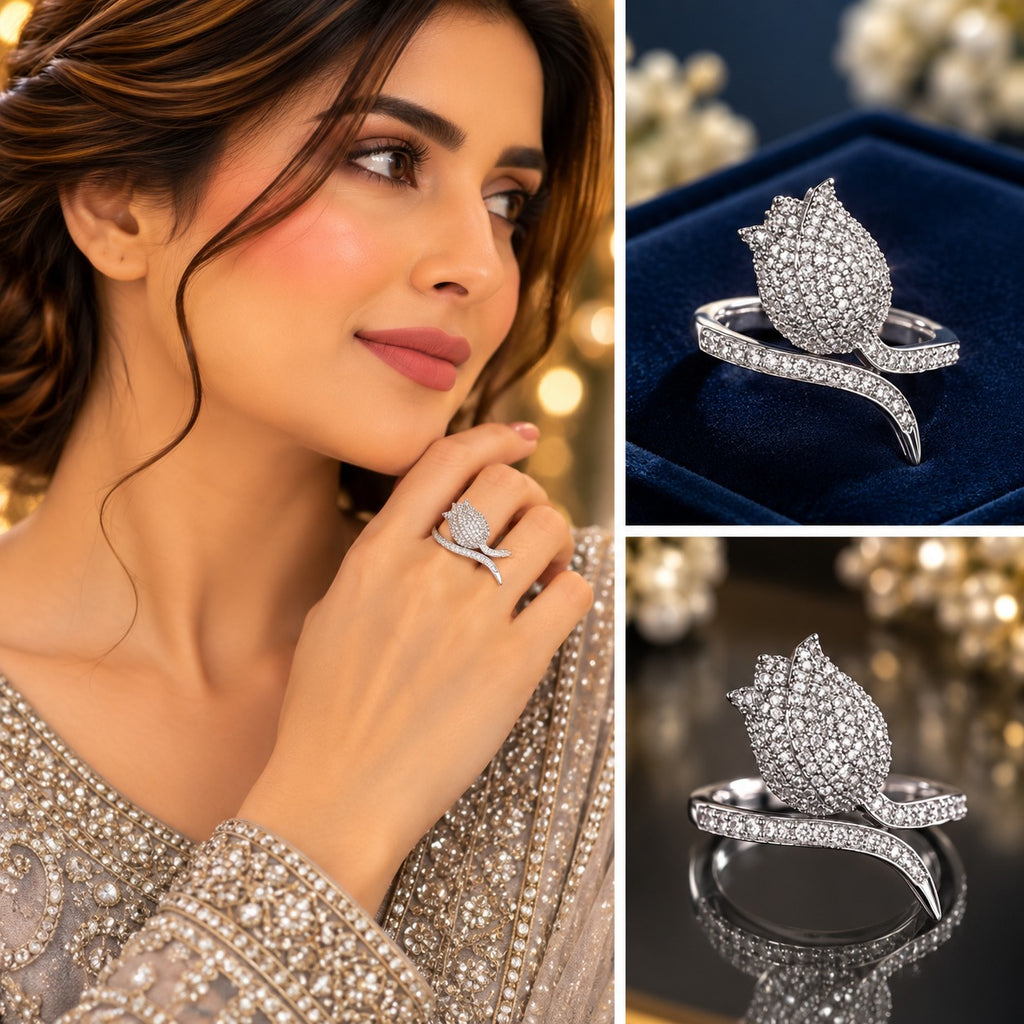 Collage showing a model wearing a silver-tone tulip ring, alongside close-ups of its clear-accent petals and sweeping curved band.