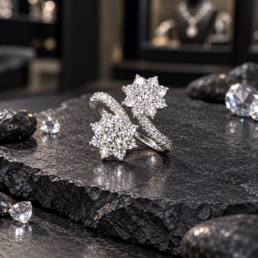Silver-tone ring with two offset clear flower clusters, round centres, petal-shaped accents and curved clear-accent shoulders, displayed on dark slate.