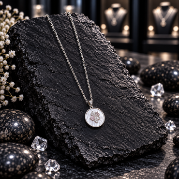 Silver-tone fine chain necklace with a round white iridescent-look disc pendant and raised clear-accent four-leaf clover motif.
