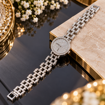 Silver-tone zircon watch-style bracelet with a round clear-accent centre, visible hand-like details and staggered rectangular links.