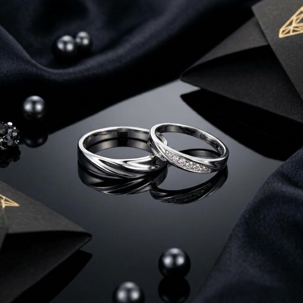 Silver-Tone Twisted Wave Ridge Band & Pavé CZ Stripe Couple Rings Set His & Hers on black reflective surface with dark geometric paper origami and black pearl beads backdrop