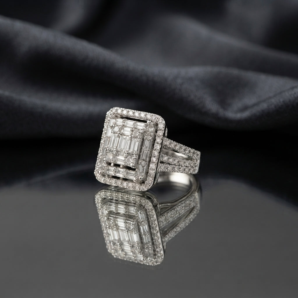 Silver White CZ Baguette Cluster Emerald-Cut Halo Split-Shank Pavé Cocktail Ring luxury flat-lay on mirror glass surface with charcoal silk backdrop