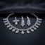Silver White CZ Oval Halo Drop and Marquise Leaf Necklace and Earrings Bridal Set on dark mirror surface with charcoal satin backdrop showing rhodium silver double-strand marquise CZ tennis necklace with graduated oval white CZ halo drops and matching marquise leaf cluster stacked oval CZ drop earrings