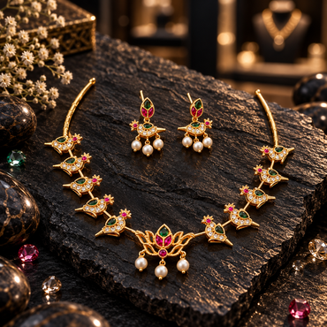 South Indian-style gold-tone necklace and earrings with bird motifs, pink and green accents, clear details and white pearl-look drops on dark slate.