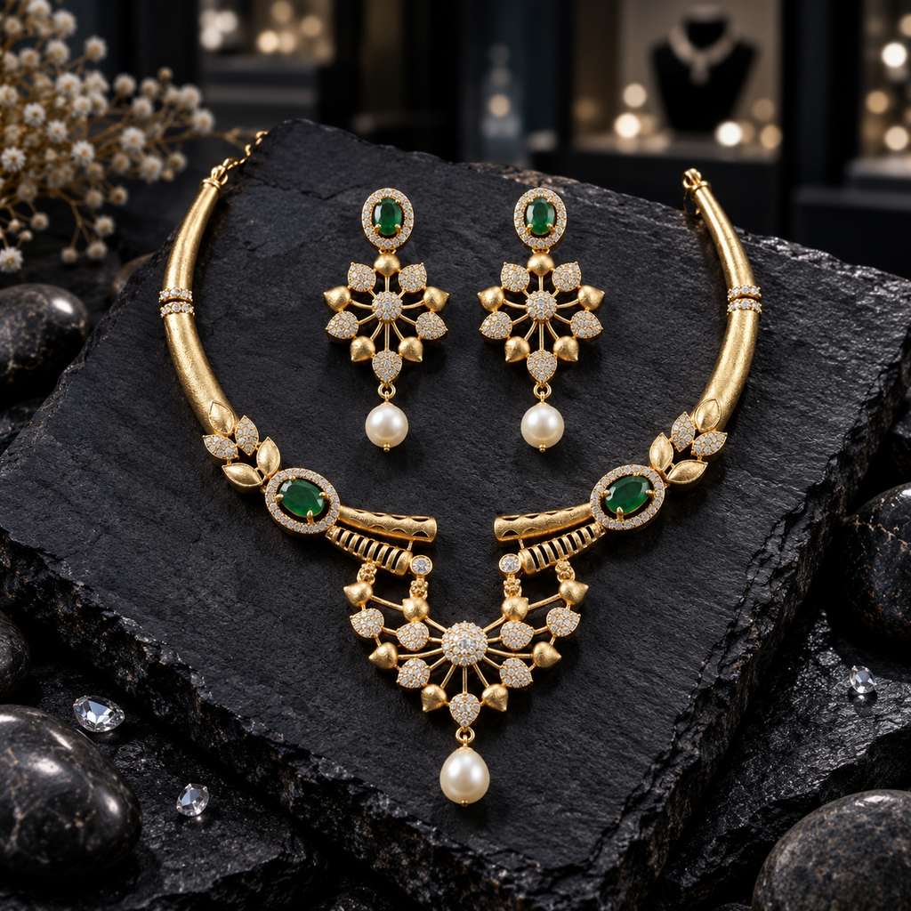 Gold-tone necklace with green oval halo accents, leaf details and an openwork fan-style centre, beside matching earrings with cream pearl-look drops on dark slate.