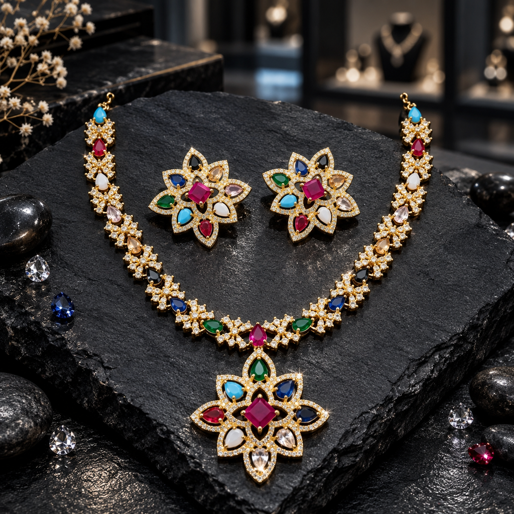 Gold-tone multicolor necklace with teardrop-shaped accents, clear floral clusters and a large flower pendant, beside matching floral earrings with pink square centres on dark slate.