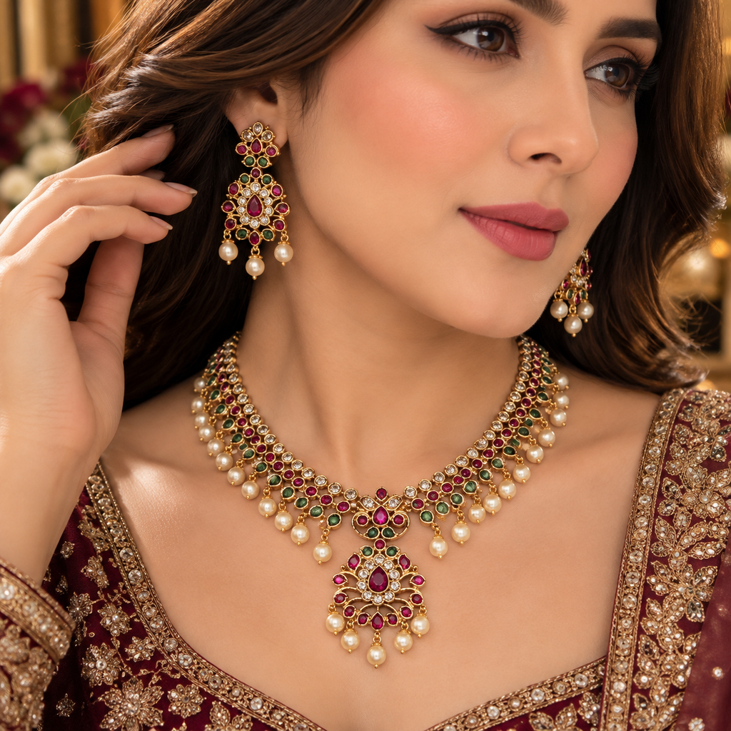 Model wearing a South Indian-style gold-tone pink-red and green necklace with pearl-look fringe, a floral pendant and matching drop earrings.