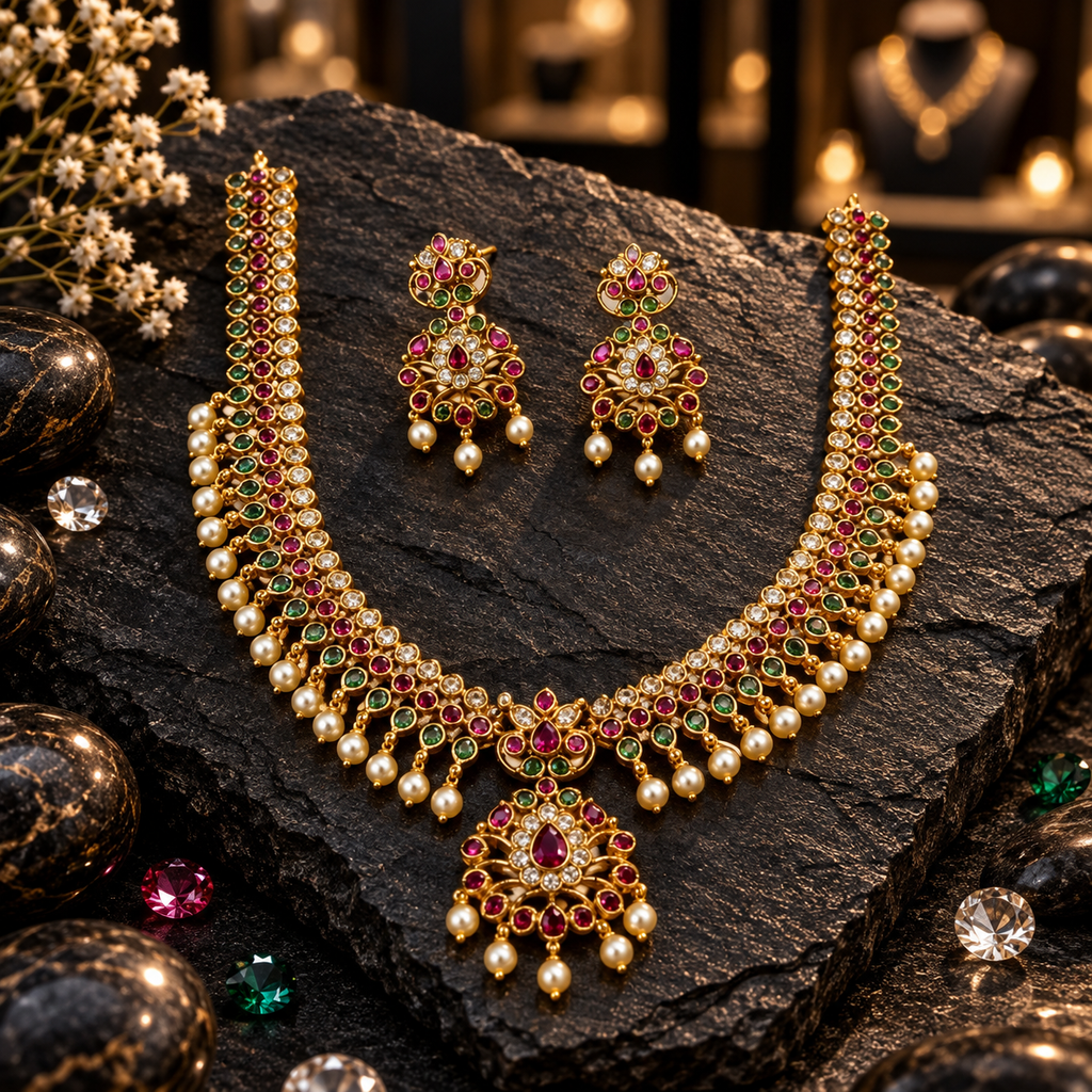 South Indian-style gold-tone necklace and earrings with pink-red and green accents, clear details, a floral teardrop pendant and white pearl-look fringe.