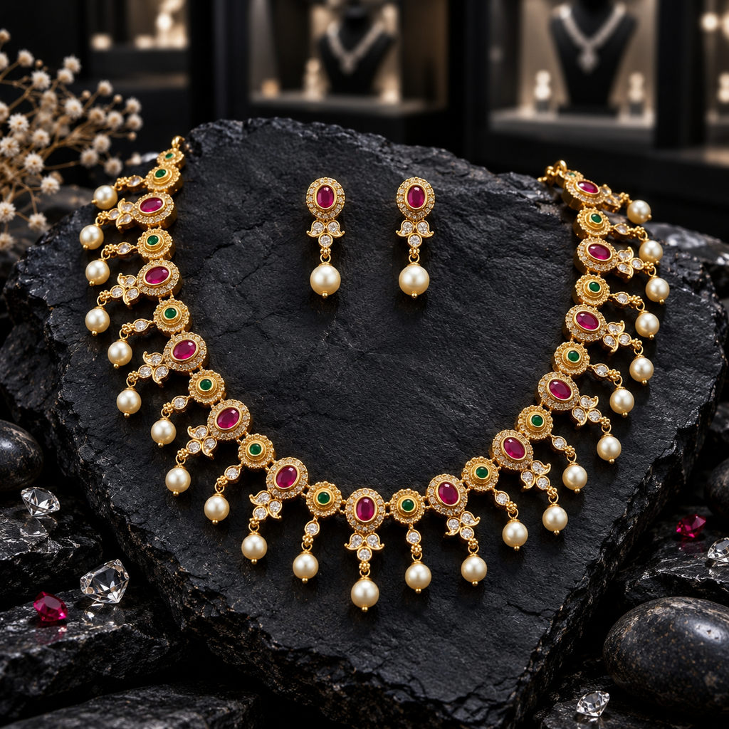 Gold-tone necklace with alternating pink oval and green round accents, clear decorative details and cream pearl-look fringe, beside matching pink oval drop earrings on dark slate.