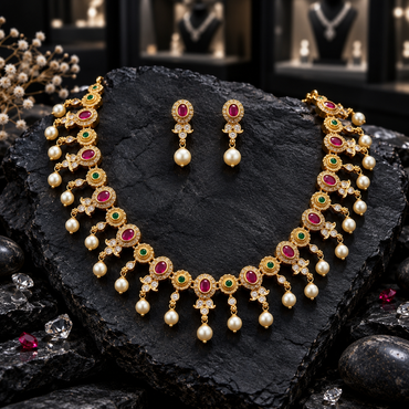 Gold-tone necklace with alternating pink oval and green round accents, clear decorative details and cream pearl-look fringe, beside matching pink oval drop earrings on dark slate.