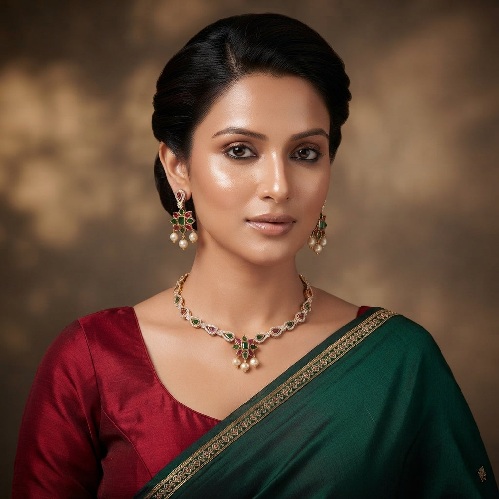 Model wearing a South Indian-style gold-tone floral necklace with white pearl-look beads and matching red drop earrings.