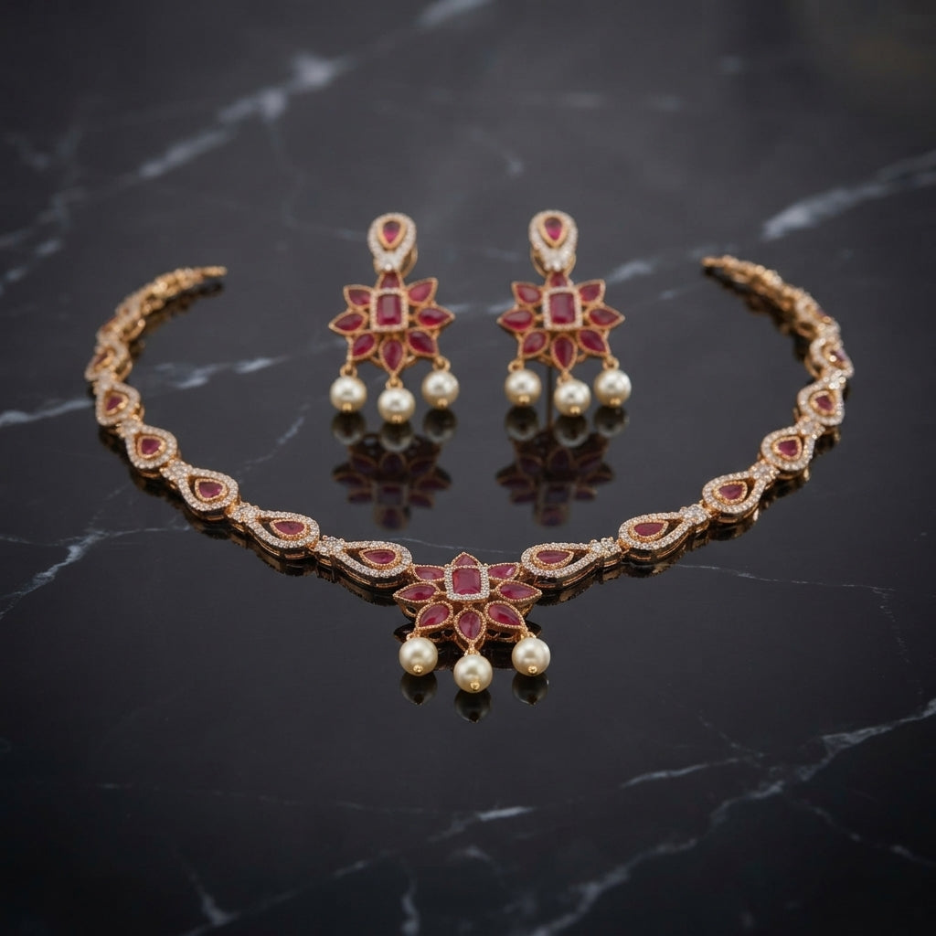 South Indian-style red-and-green floral pendant necklace with white pearl-look beads and matching drop earrings.