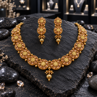 Gold-tone South Indian-style necklace with round floral medallions, champagne-coloured oval accents and a ribbed oval centre drop, with matching stacked-disc earrings.