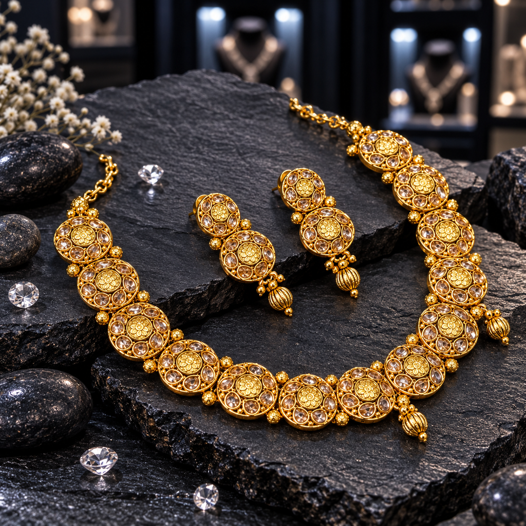 South Indian-style gold-tone necklace with round floral medallions, pale oval accents and ribbed bead drops, with matching stacked medallion earrings.