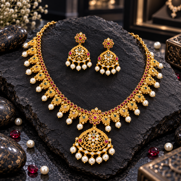 South Indian-style gold-tone necklace with deep-pink neckline accents, round motifs, an openwork floral scroll pendant and pearl-look drops, with matching earrings.