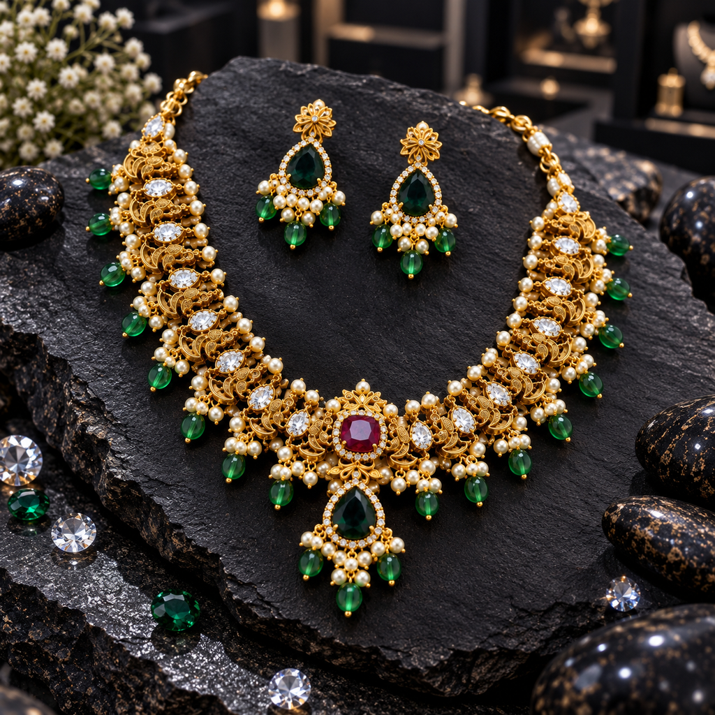 South Indian-style gold-tone necklace with clear oval accents, a deep-pink centre, green drops and cream-white pearl-look clusters, with matching earrings.