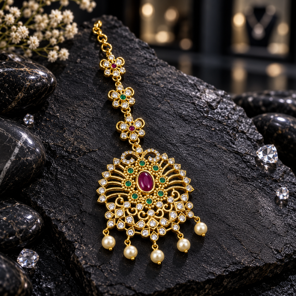 Gold-tone South Indian-style ornament with an oval red centre, green accents, fan-shaped openwork, three floral links and five cream pearl-look drops.