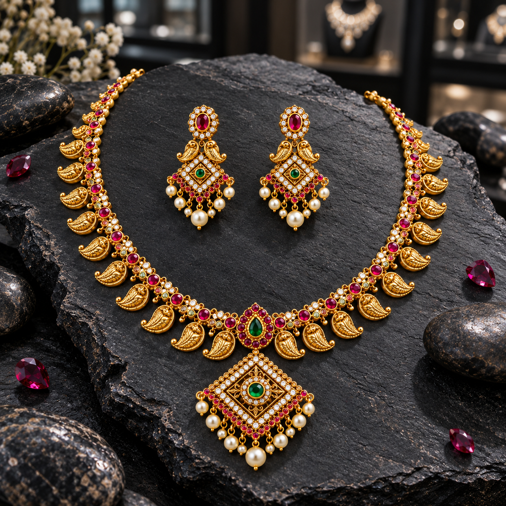 Gold-tone South Indian-style necklace with paisley charms, pink-red accents, green centres and a square pearl-look fringe pendant, with matching earrings.