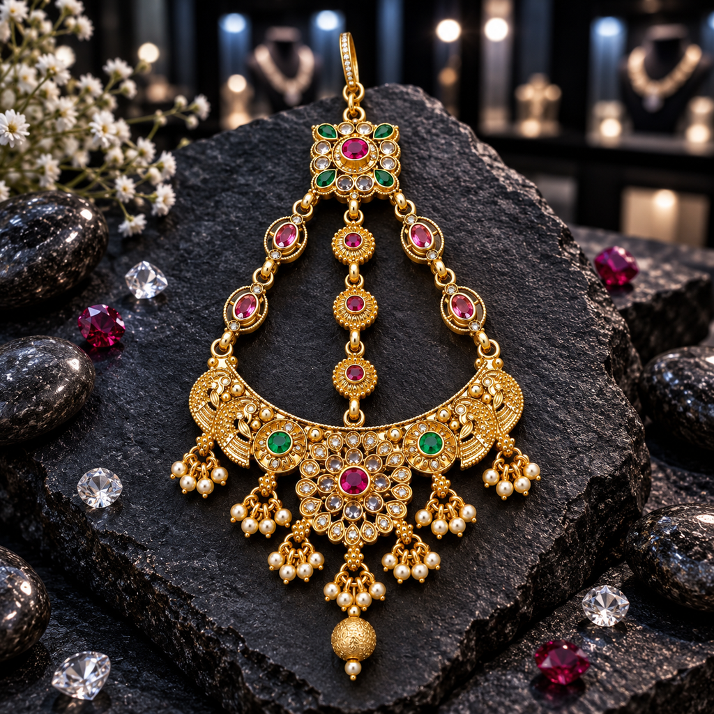 South Indian-style gold-tone jhummer with pink and green floral accents, three linked strands, a curved decorative base and cream-white pearl-look bead clusters.
