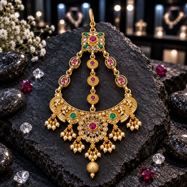 South Indian-style gold-tone jhummer with pink and green floral accents, three linked strands, a curved decorative base and cream-white pearl-look bead clusters.