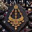 South Indian-style gold-tone jhummer with pink and green floral accents, three linked strands, a curved decorative base and cream-white pearl-look bead clusters.
