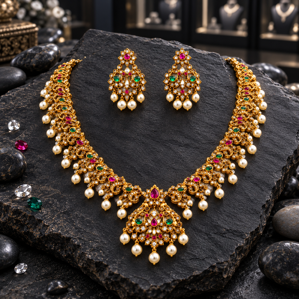 Gold-tone South Indian-style scroll necklace with pink and green accents, an openwork pendant and cream pearl-look fringe, alongside matching earrings.