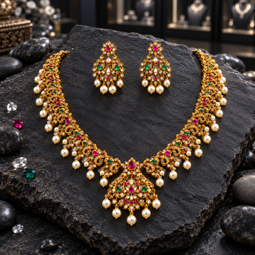 Gold-tone South Indian-style scroll necklace with pink and green accents, an openwork pendant and cream pearl-look fringe, alongside matching earrings.